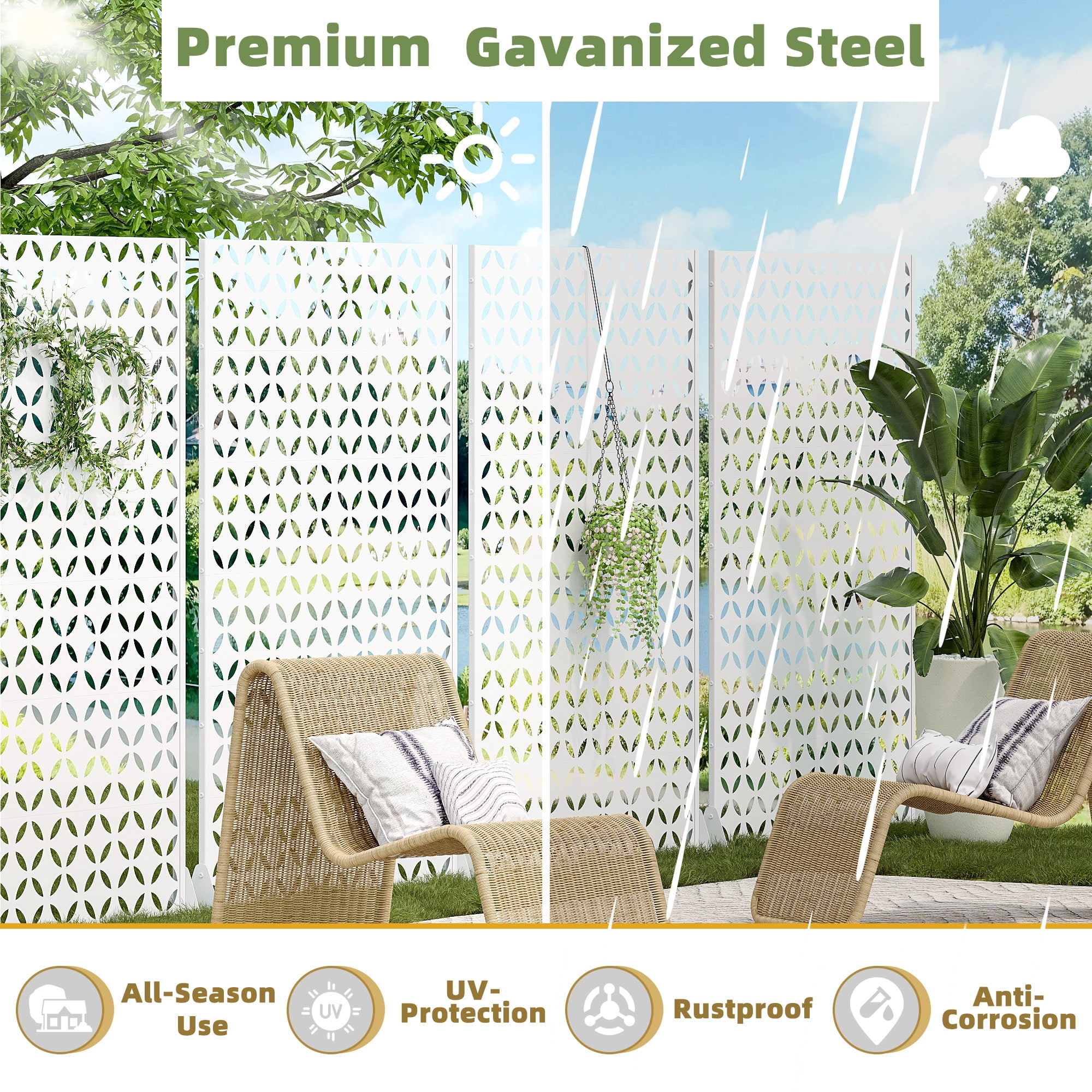 MAYEERTY 72*47" Outdoor White Metal Privacy Panel Screen for Patio, Coin Pattern