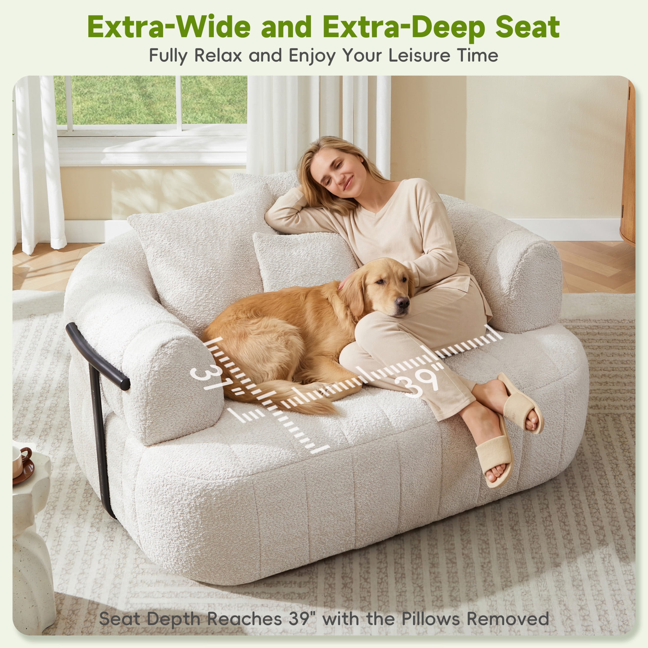 Noble House Quincia 64" Oversized Boneless Chaise Lounge with Boucle Upholstered, Cozy Comfy Cloud Sofa Bed, Beige