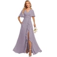 thumbnail image 1 of Vestido de dama de honor deamify, gasa, glicina, cuello en V, línea A 6, 1 of 7