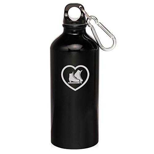 20oz Aluminum Sports Water Bottle Caribiner Clip Heart Ice Skates (Black) by