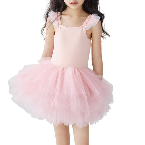 Pitauce Toddler Girls Dance Tutu Dresses Ruffle Sleeve Crewneck Ballet Leotards Layered Mesh Dress for Wedding Party Birthday, 2-6T