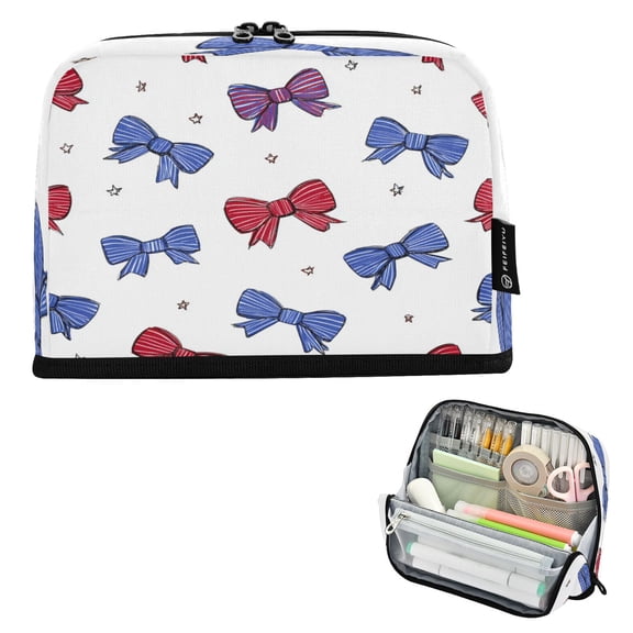 Standing Pencil Case with Base Large Capacity Stationery Pouch Pen Bag with Zipper for Women Men Red and Blue Stripe Bows