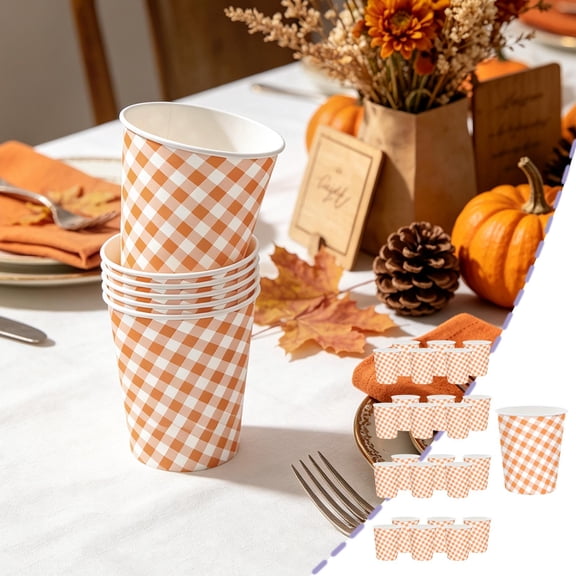 Racsoh 50 Pcs Thanksgiving Disposable Tableware Set, Orange Check Cups, Festive Paper Dinnerware, for Picnic Party Banquet Home Decor (Cups)