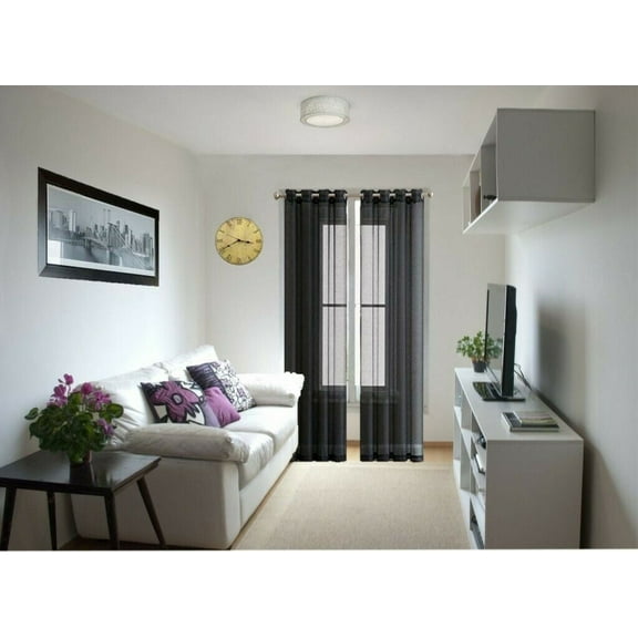 1 Pair Ruby Black Solid Sheer Panels with Grommets Window Curtain Treatment Panel See Thru size 55" Wide x 84" Long Each panel