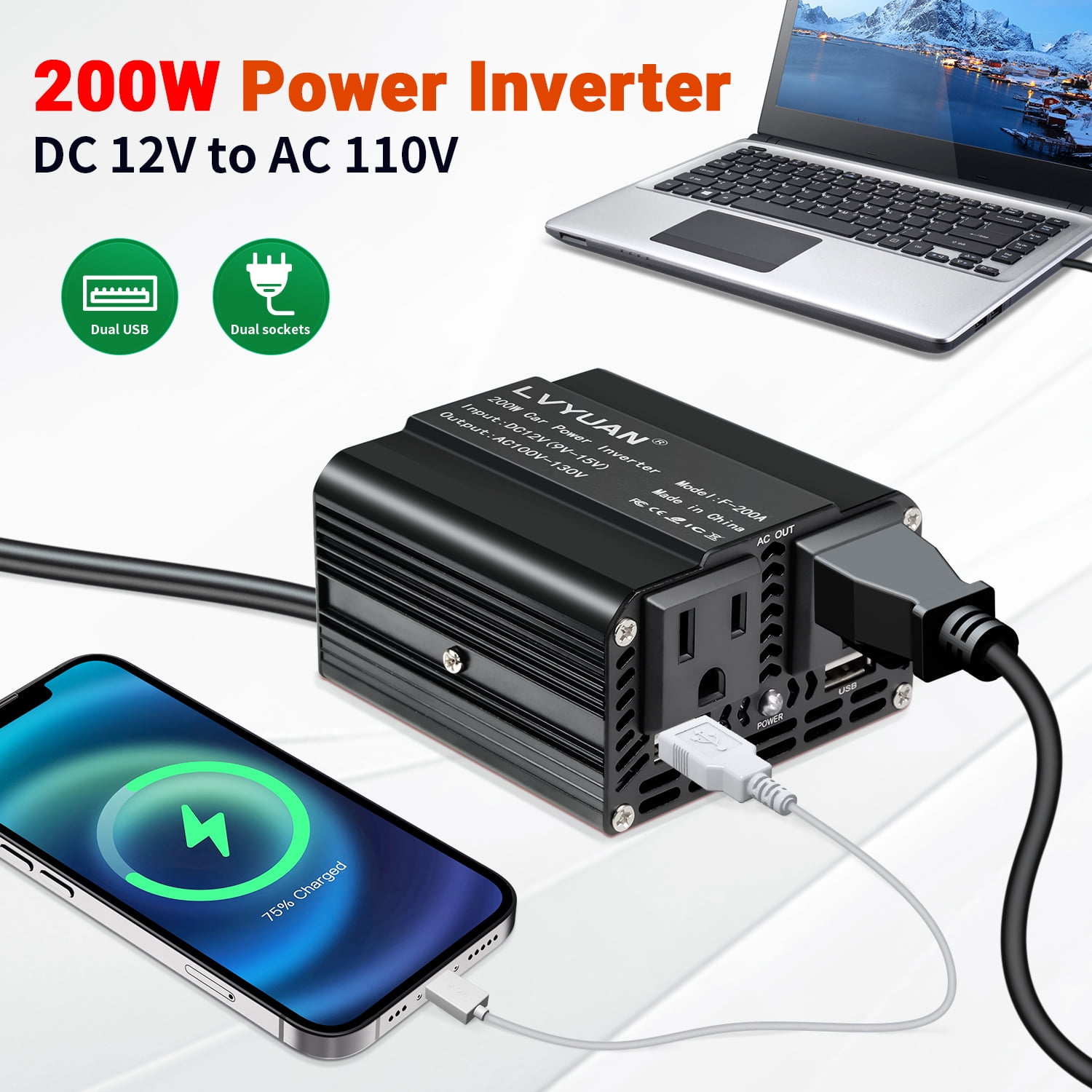200W Modified Sine Wave Power Inverter 12V DC to 110V AC Vehicles 