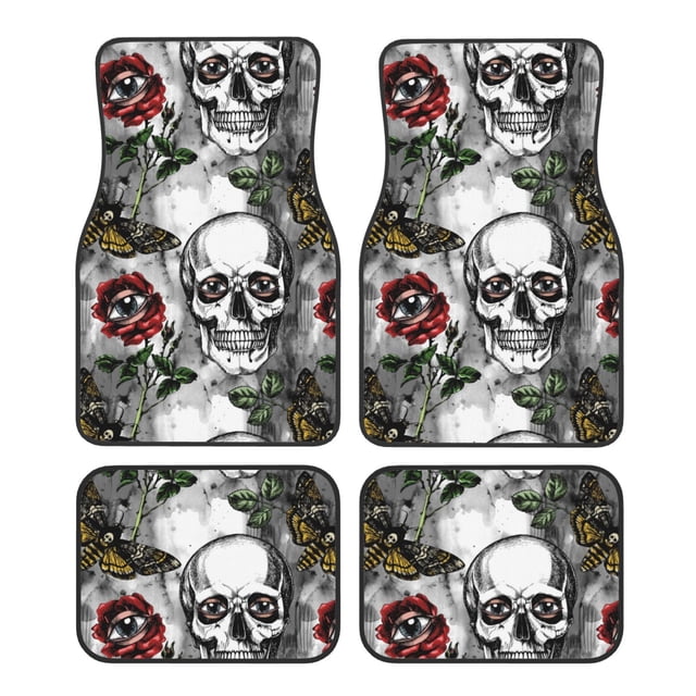 Disketp Skulls Roses for Crystal Velvet Car Mats Four-Piece Set,All-Season Automotive Protection, Vehicles, Cars, Trucks, and SUVs,Anti-Slip Design