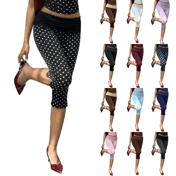 Womens Capri Leggings Low Waisted Slim Leg Polka Dots Capris Split Hem Cropped Yoga Pants, M