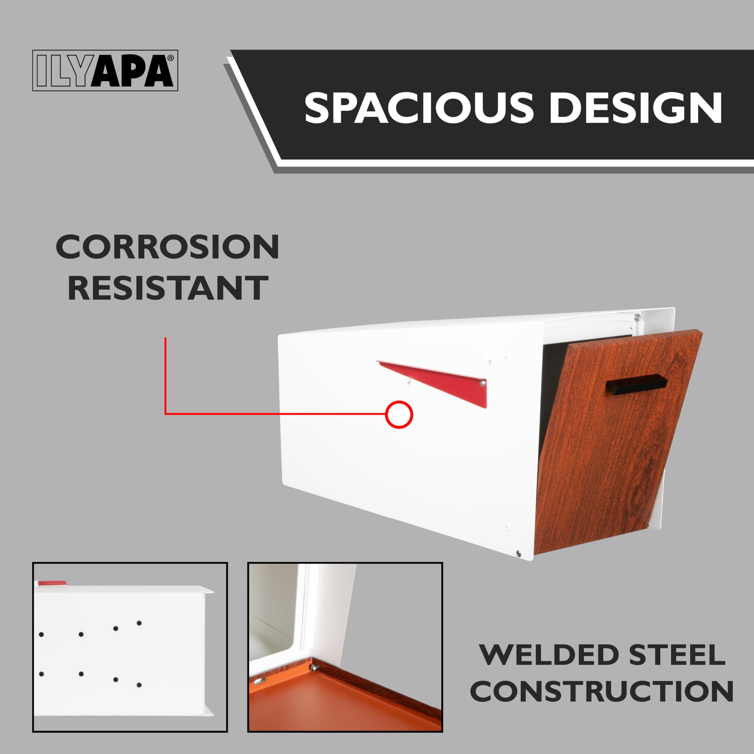 Ilyapa Modern Mailbox with Angle Design Post Mount - White Powder Coated Metal Mailbox with Wood Door - Waterproof for Parcels, Magnetic Close Door