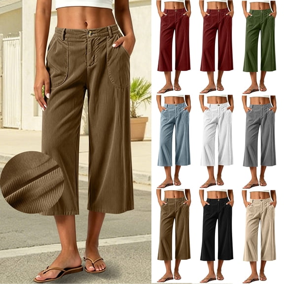 Women's Corduroy High Waist Capri Wide Leg Pants Soft Casual Cropped Culottes with Pockets Vintage Casual Streetwear Trousers Fall Outfit White