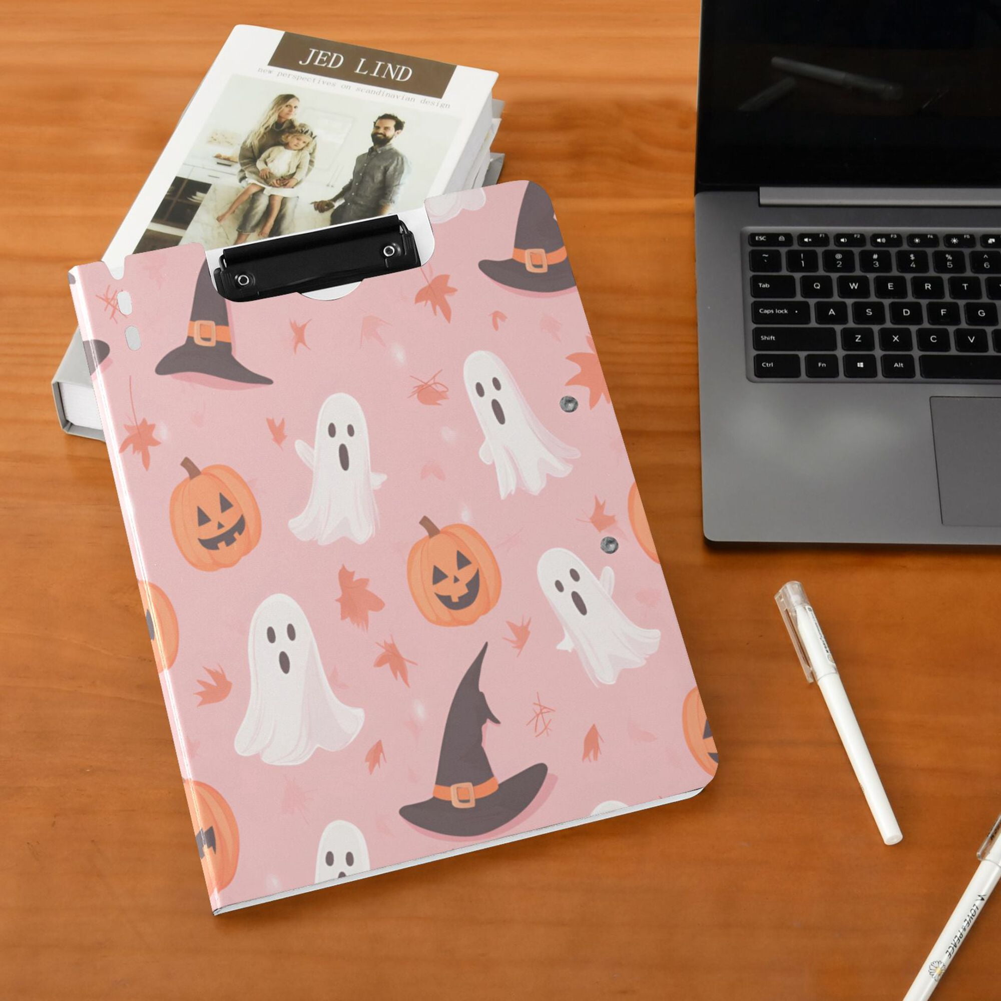 FORMRS A4 Clipboard Folder with Pen Holder Horizontal Foldable School Office Binder, Cute Pink Halloween