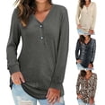 thumbnail image 2 of Fusipu Solid Color Leopard Print Women Top Long Sleeve V-Neck Loose Tunic Blouse Streetwear, 2 of 7