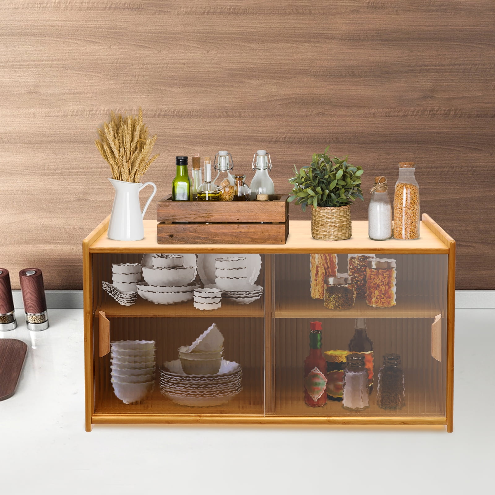 Kitchen Pantry Cabinet, Wall Mounted Bamboo Pantry Sideboard Wood Small 2-Tier Countertop Storage Cabinet with Sliding Glass Door Food & Utensils Cupboard for Dining Room, Home