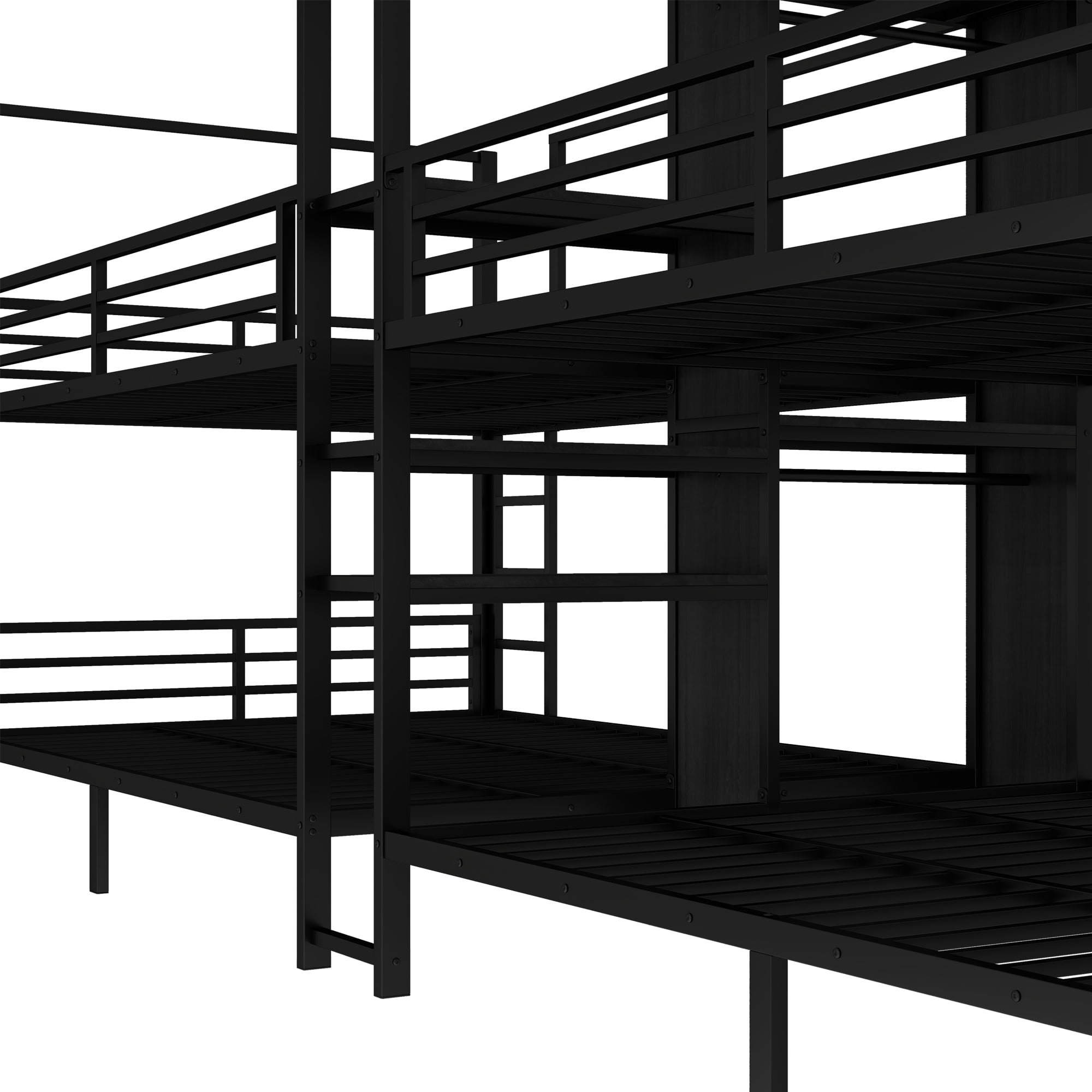 Queen Size Quadruple Metal Bunk Bed,Quadruple Bunk Bed with Built-in Storage Shelves & Wardrobe,Noise-reduced Design,Black