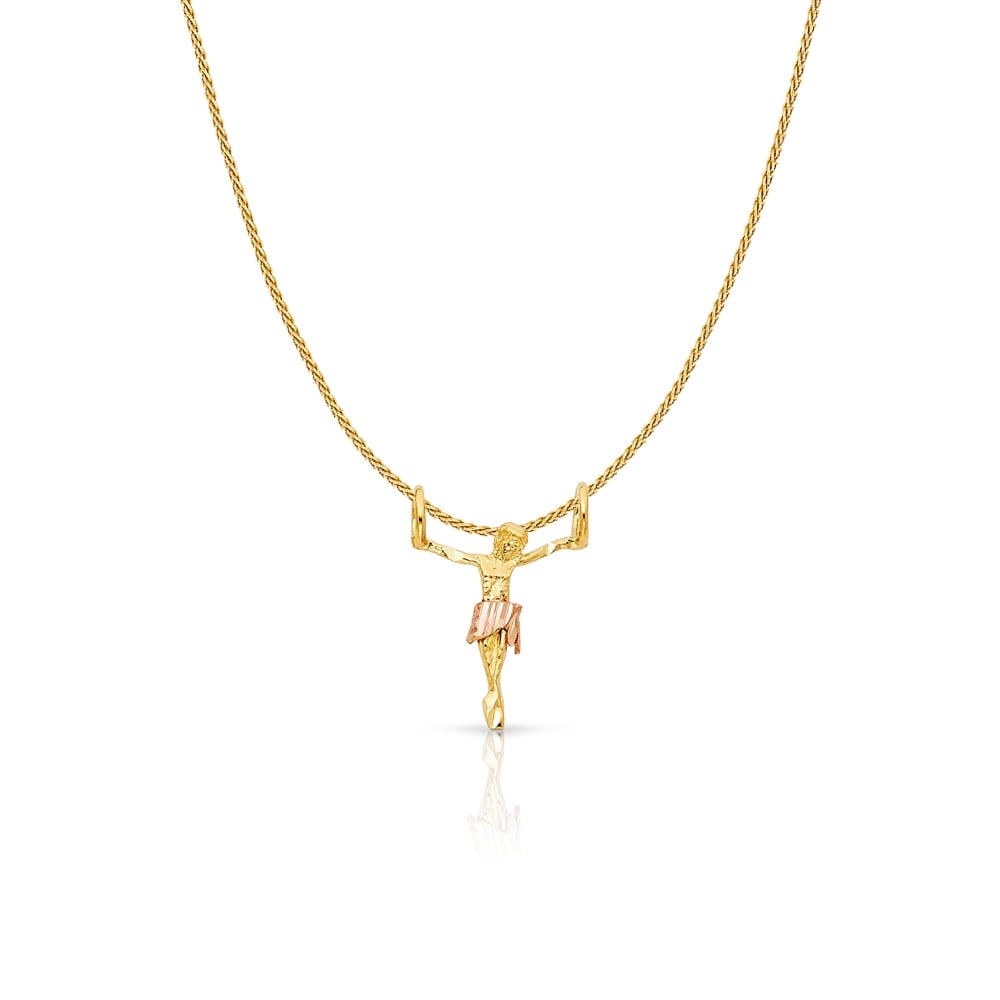 14K Two Tone Gold Jesus Crucifix Cross Charm Pendant with 0.9mm Wheat Chain Necklace