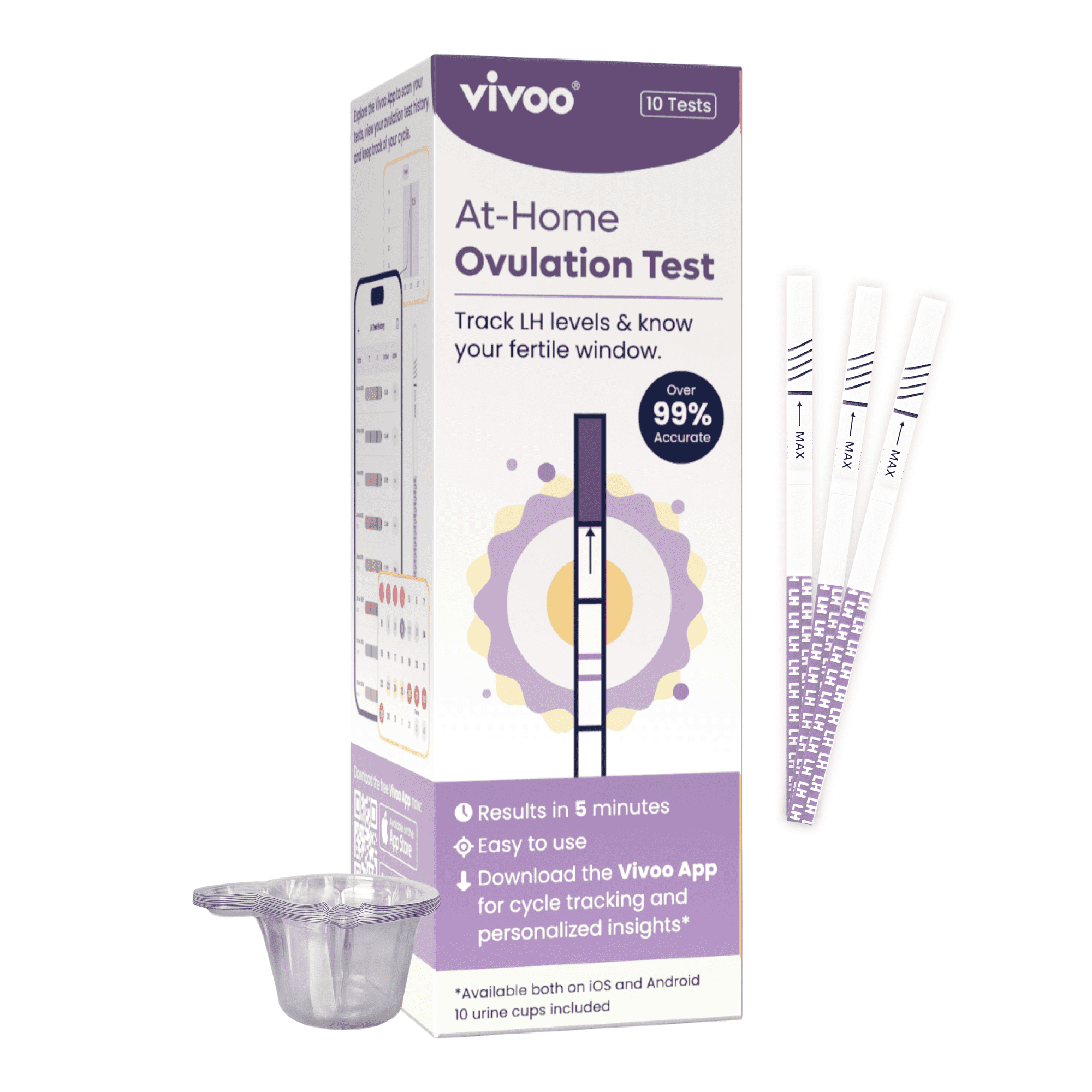 Vivoo Ovulation Test Strips Kit — 10 LH Tests + 10 Urine Cups | 99% Accurate | Results in 5 Minutes | Free Cycle Tracking App | FSA/HSA Eligible