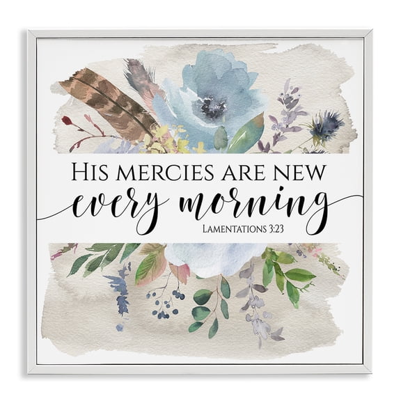 Stupell Industries Traditional His Mercies Are New Lamentations 3:23 Blue Florals White Framed Giclee Art, 12 x 12, by Tara Moss