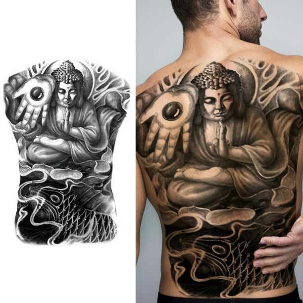 Adhesivo Impermeable De Espalda Completa Arte falso tatuaje Buda estatua cuerpo grande tatuaje dragón pez para niños niñas amante Wdftyju Libre de BPA