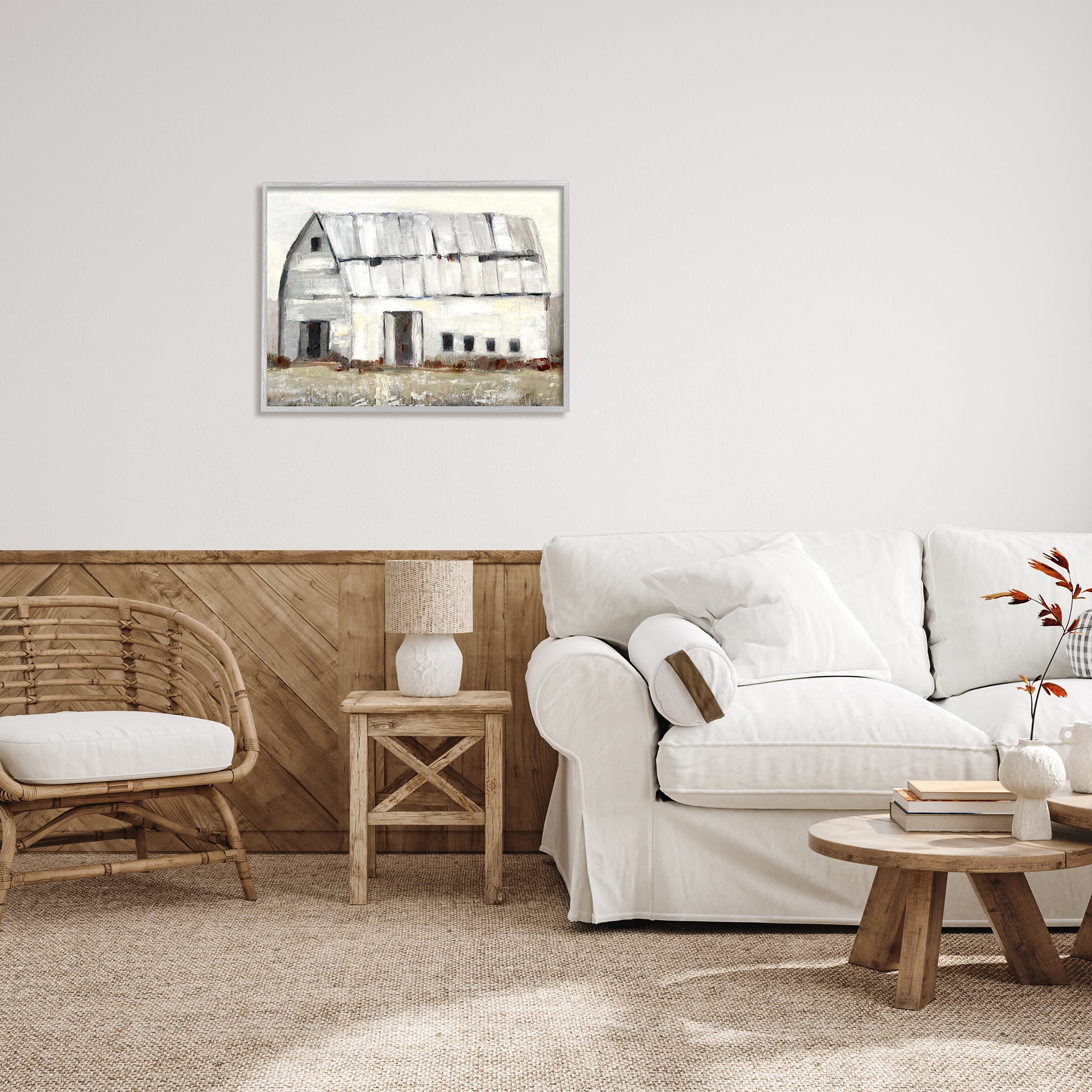 Stupell Industries Rustic White Barn Among Countryside Nature Grasses Painting Gray Framed Art Print Wall Art, Design by Sally Swatland