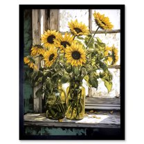 Sunflowers Still Life Watercolour Painting Yellow Flowers Farmhouse Window Sill Art Print Framed Poster Wall Decor 12x16 inch