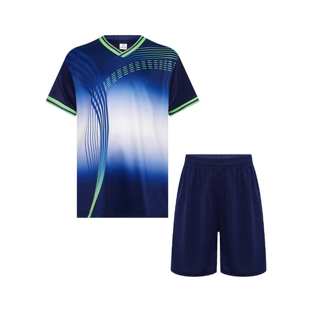 Linjinx Kids 2pcs Sports Suit Quick Dry Printed Contrast Color Shirts Shorts Set For Football Basketball A Navy Blue 22