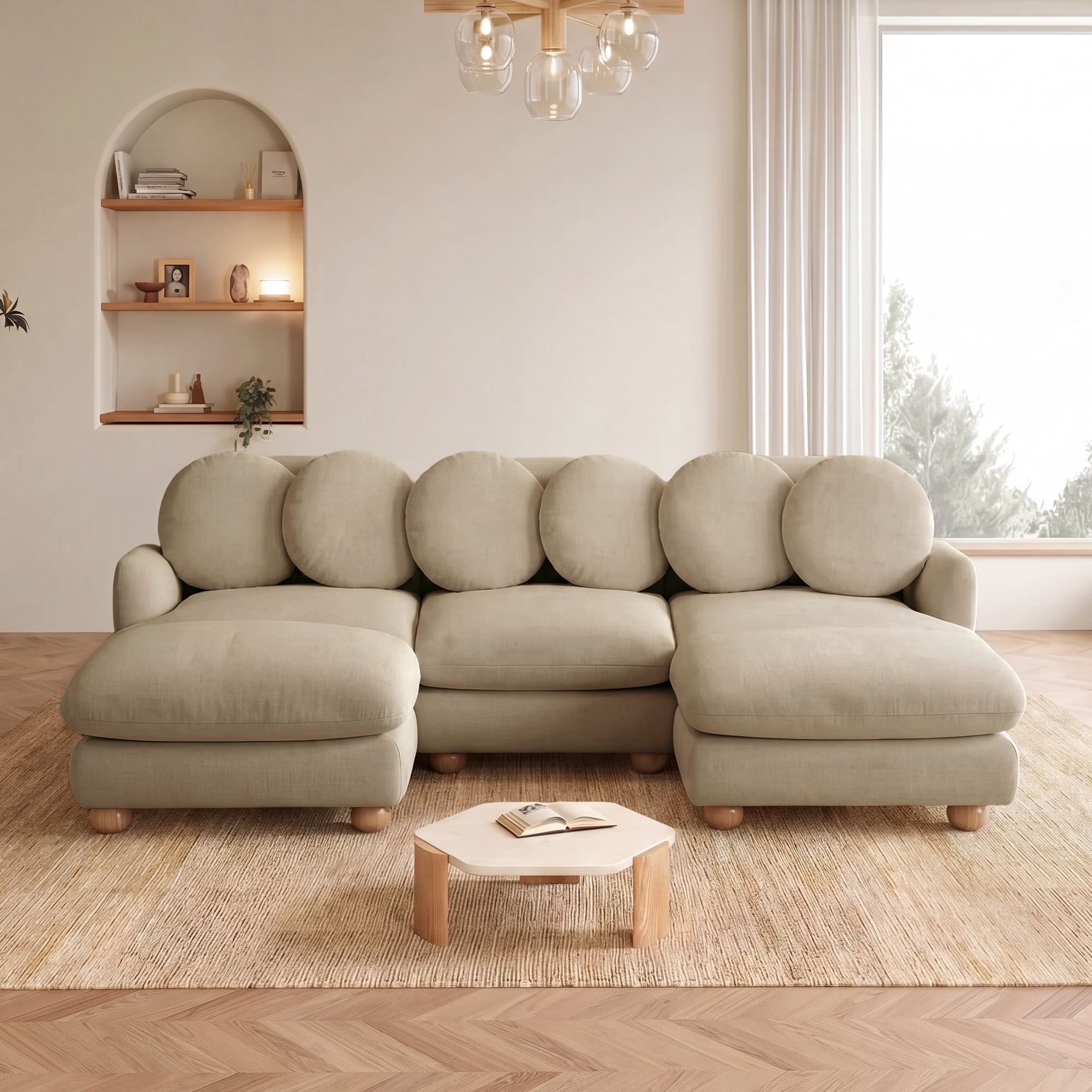 95" U-shaped 5 Seater Chenille Modular Sectional Sofa Couch with 6 Throw Pillows and 2 Ottoman