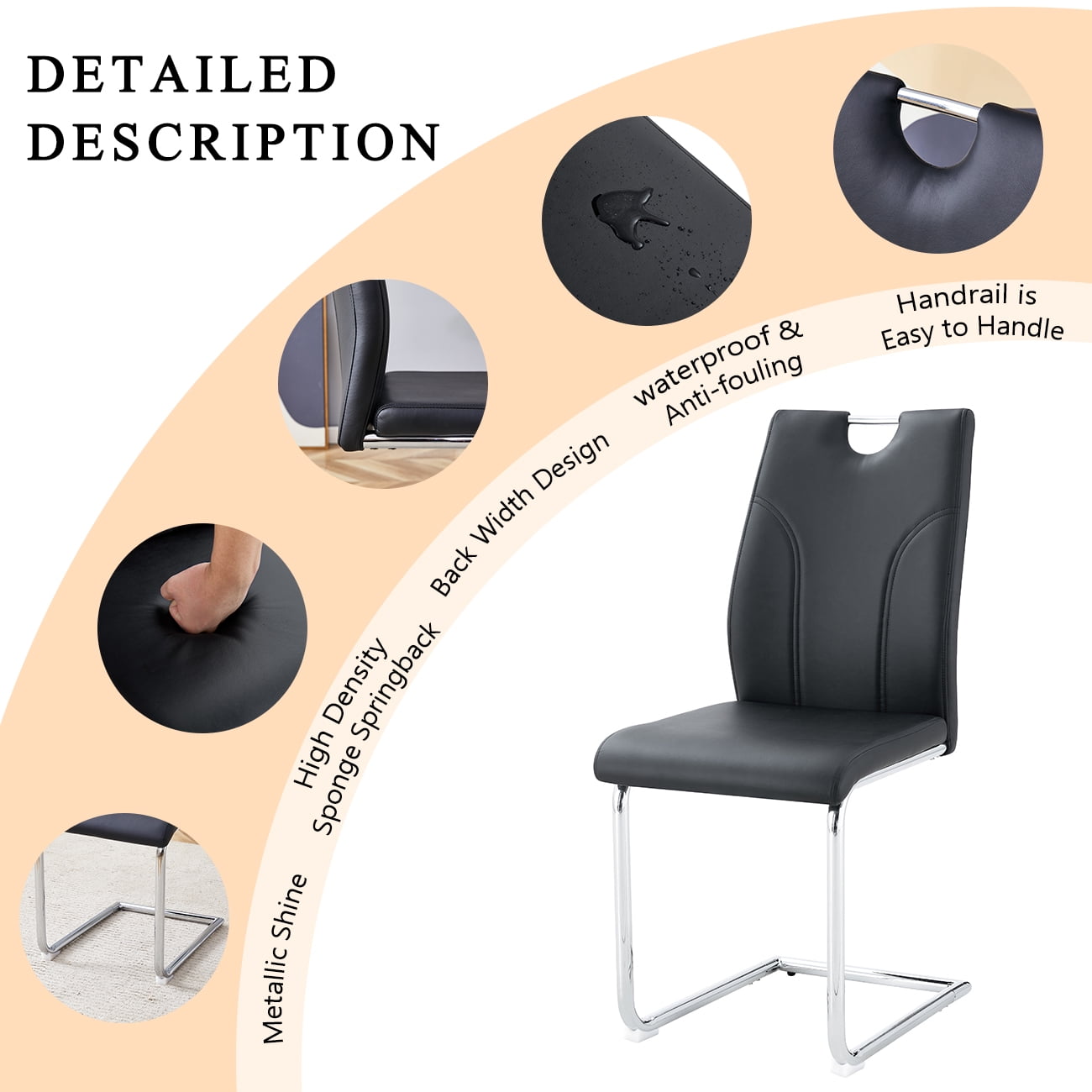 NYEESS Set of 4 Black PU Dining Chairs with Silver Metal Legs, Modern Ergonomic Seating for Kitchen or Office
