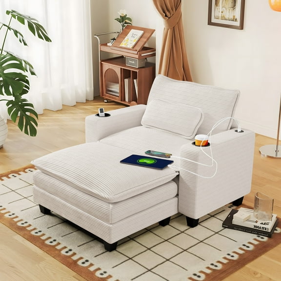 FFH 44.5" Oversized Accent Chair with Ottoman, Chaise Lounge Chair Indoor with USB & Cup Holders, Comfy Corduroy Sofa for Living Room, Beige