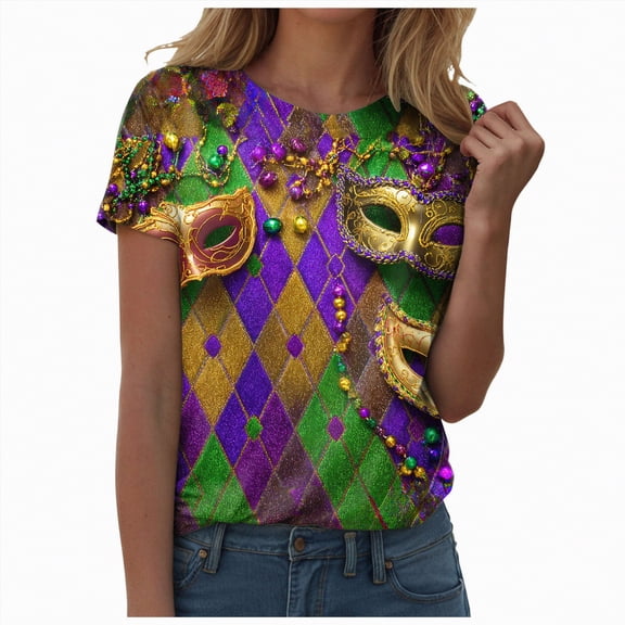 Rotm Womens Blouses Casual Womens Fancy Blouse Carnival T-shirts Mask Print Tunic Theme Party Round Collar Tee Green,2XL
