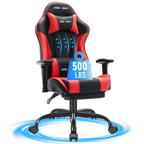 JONPONY Big and Tall 500LBS Gaming Chair with Footrest and Lumbar Support, High Back Ergonomic Recliner,Height Adjustable Leather Computer Desk Chair for Home Office, Red