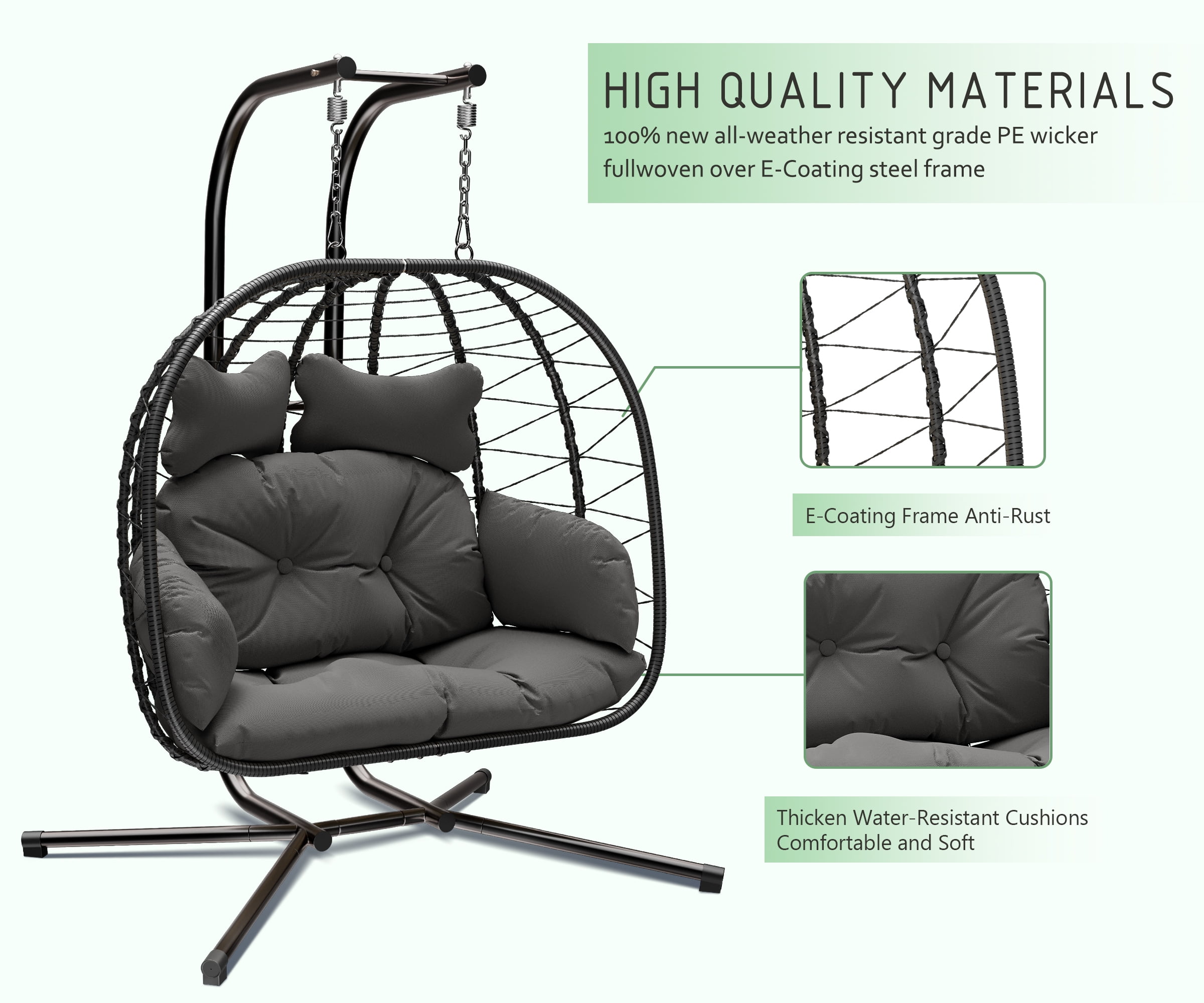 LHBcraft Double Wicker Swing Egg Chair Hammock Foldable Hanging Loveseat with Stand, UV Resistant Removable Cushions, 700LBS Capacity for Bedroom, Balcony (Black and Grey)