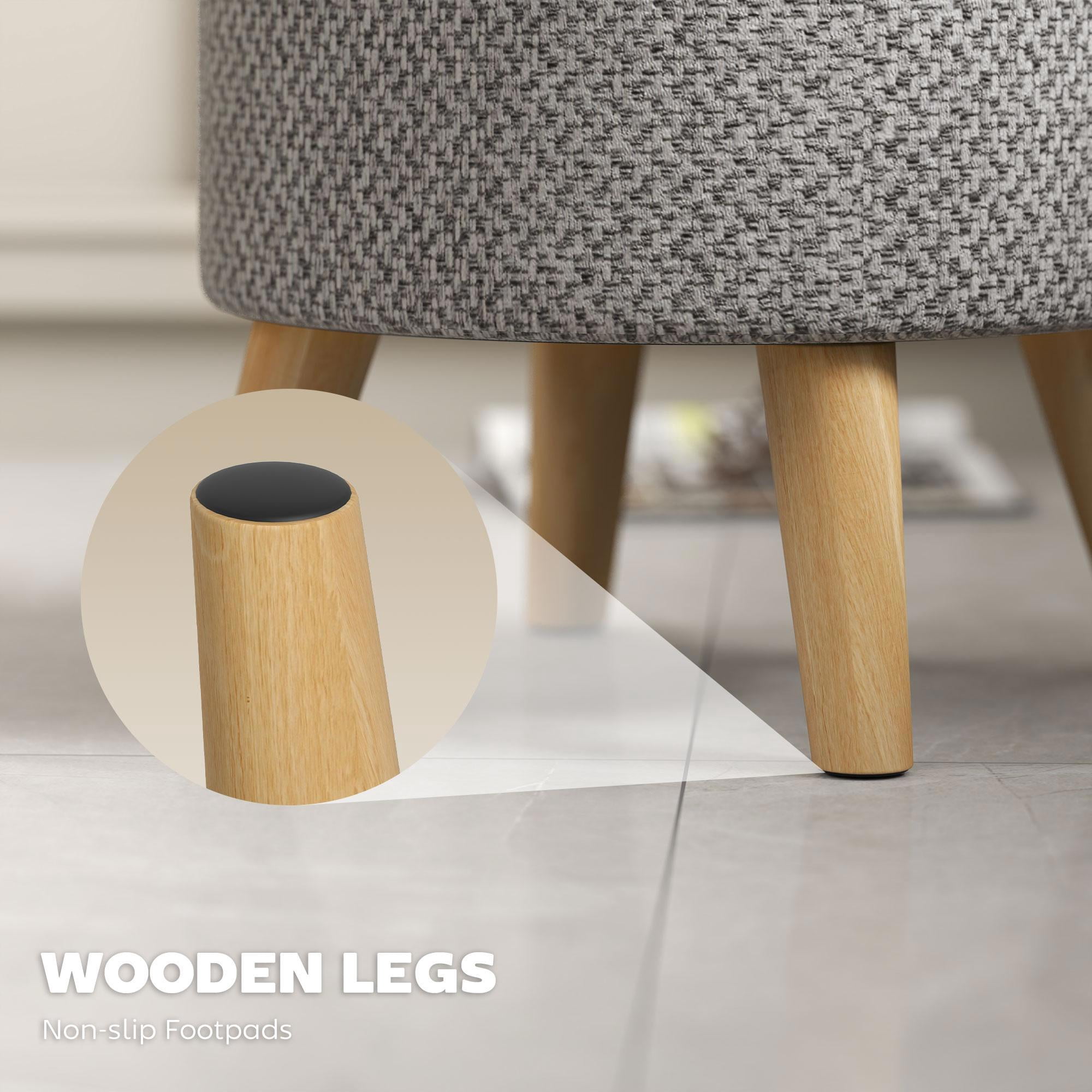 Demi Bonn 15" Round Ottoman Stool with Storage, Linen Upholstered Foot Stool with Padded Seat, Hidden Space and Wood Legs for Living Room, Bedroom, Light Gray