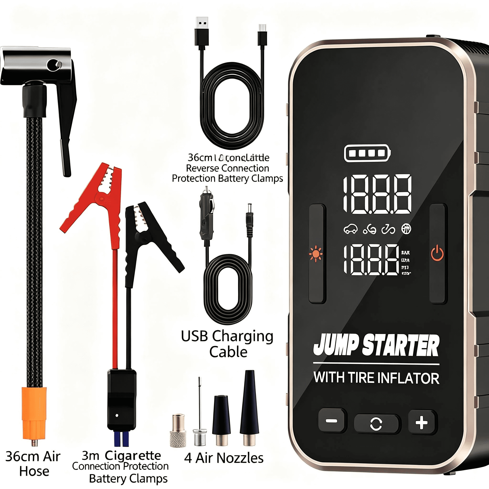 Jump Starter with Air Compressor, 8000mAh Battery Jump Starter (for All Gas or Up to 10L Diesel), 150PSI Digital Tire Inflator with Emergency Light
