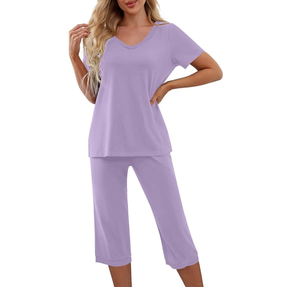 Gfyviroh Loose Pajamas Sets for Women 2 Piece Loungewear Sets V-Neck Pullover T-Shirts and Capri Pants Solid Sleepwear Sets