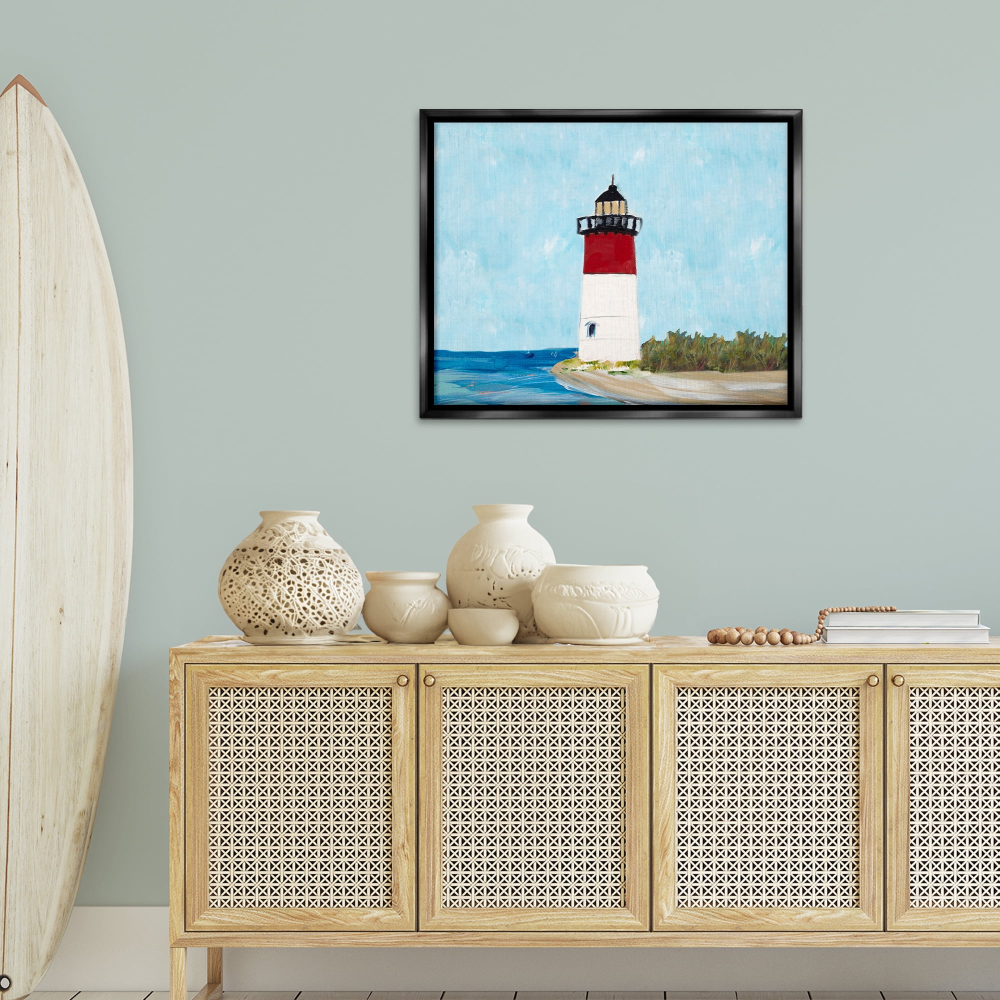 Stupell Industries Coastal Lighthouse on Blue Coastal Painting Black Floater Framed Canvas Art Print Wall Art, 31 x 25