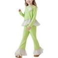 thumbnail image 2 of ATOGUTA Girls Sets Kids Long Sleeve Ruffled Tops and Flared Pants Sweatsuit Clothing Sets Size 1T-10, Green, 2 of 4