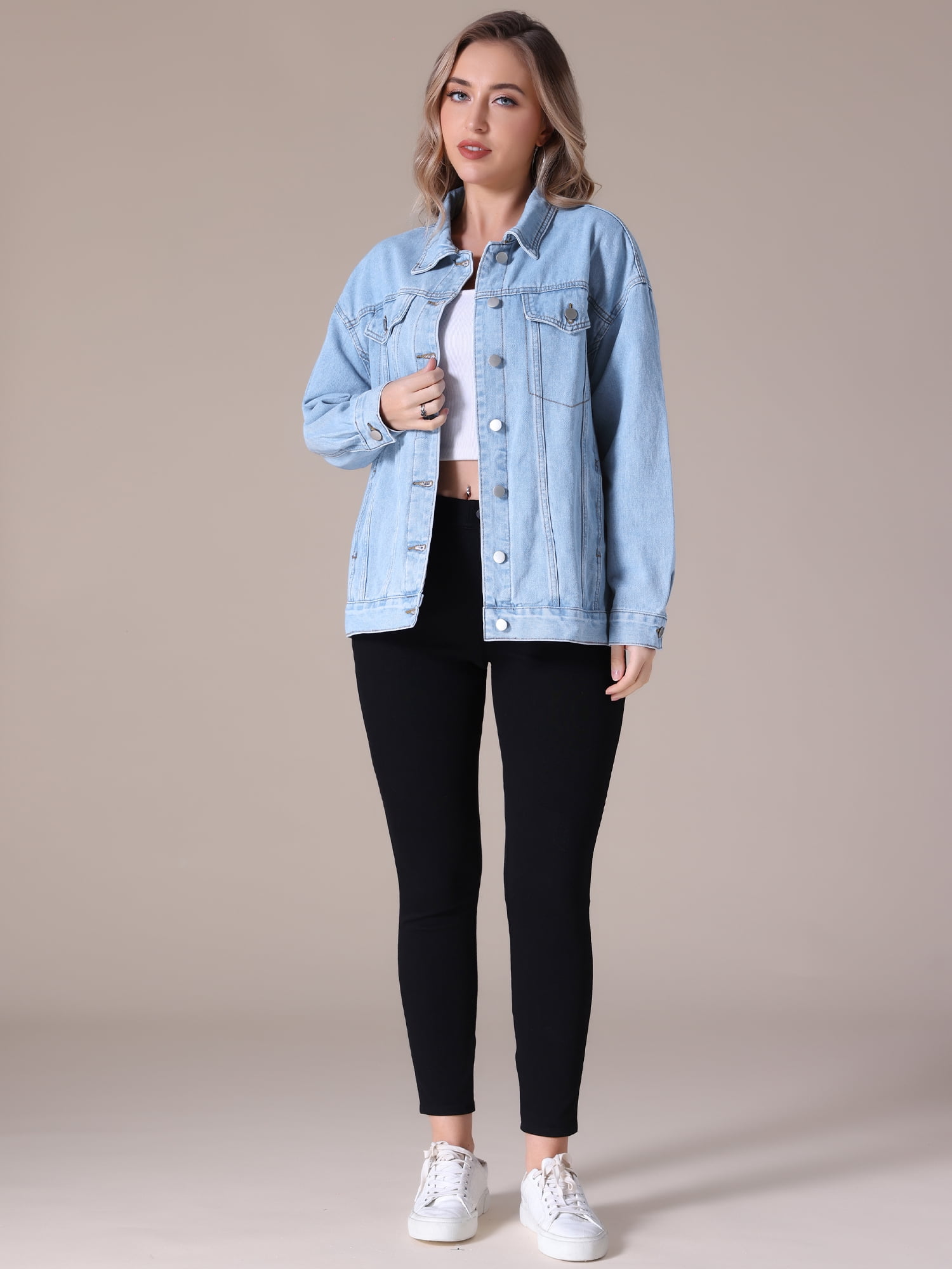Unique Bargains Women's Casual Denim Jacket with Oversized Pockets 2XL Light Blue