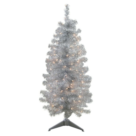 4' x 29" Pre-Lit Slim Silver Artificial Tinsel Christmas Tree- Clear Lights