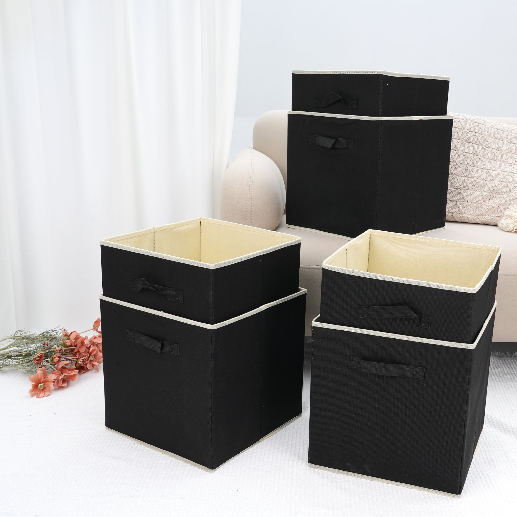 Unique Bargains 3 Pcs Square Fabric Collapsible Storage Basket Bin with Handle Black L