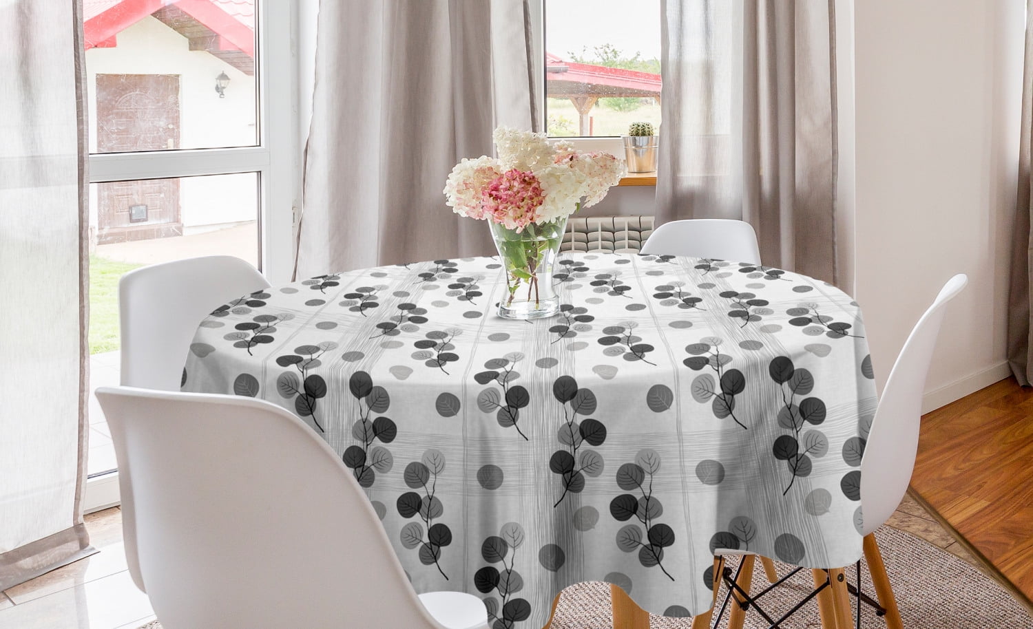 Grey Round Tablecloth, Artisan Circle Shaped Leaf Foliage Branches with Sketchy Lines Strips on