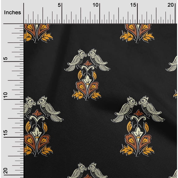 oneOone Cotton Cambric Fabric Leaves|Bird & Floral Block Printed Craft Fabric BTY 56 Inch Wide