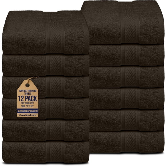 Canadian Linen Imperial Washcloths, 12 Pack,12”x12”, Cotton Soft Absorbent Lightweight Quick Dry Face Towels for Hair Salons, Spa, Kitchen, Dark Brown