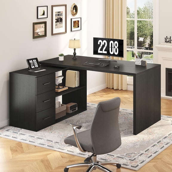 Paasyonmate Expandable Computer Desk, 55 inch L Shaped Office Desk with Drawers Shelves