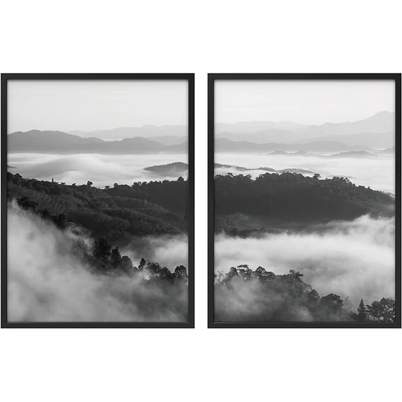 PixonSign Framed Wall Art Collage Print Gallery Set Aerial View Foggy Mountain Nature Wilderness Photography Realism Rustic Landscape Black & White for Living Room, Bedroom, Office - 12"x16"x2 BLACK