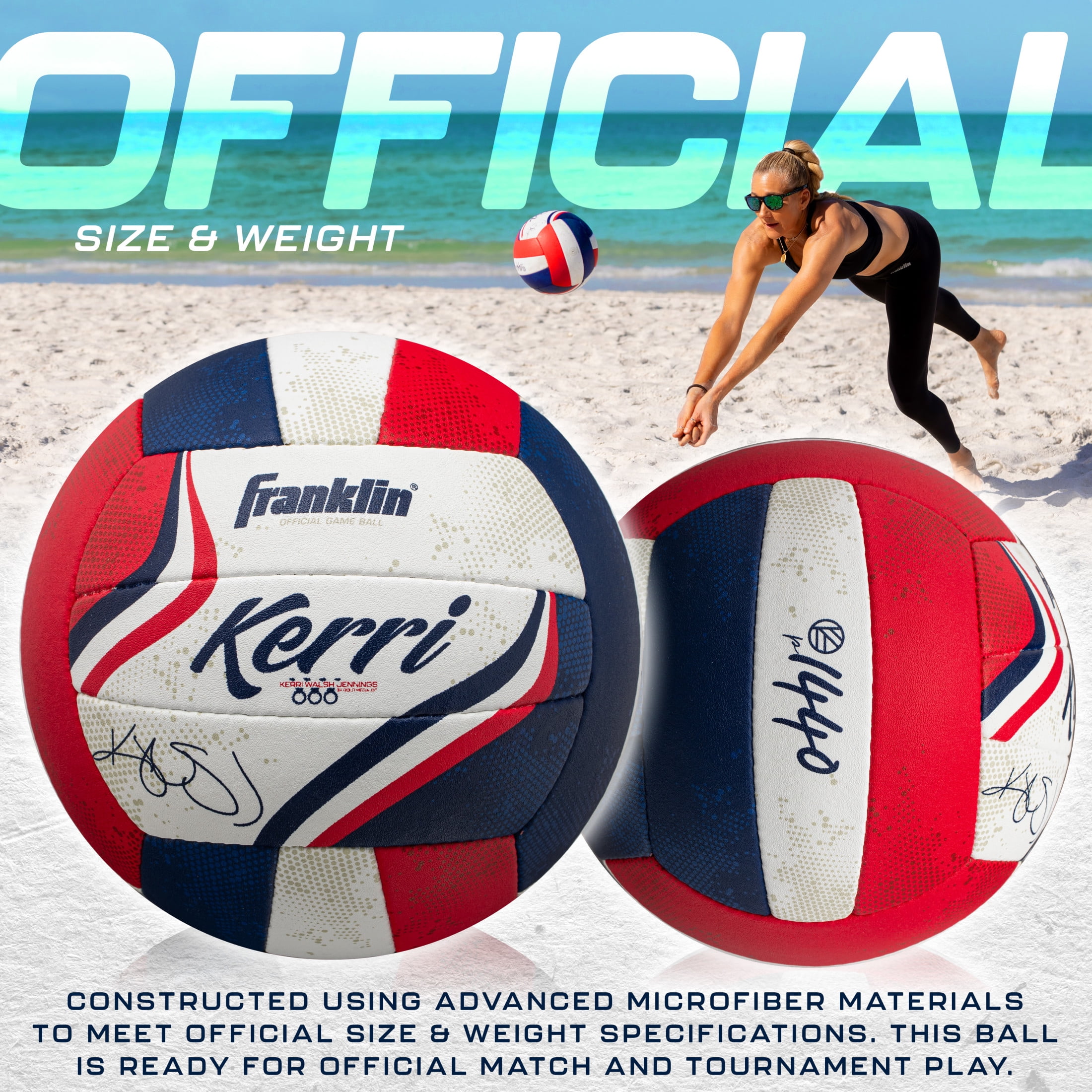 Franklin Sports Kerri Walsh Official Beach Volleyball - USA Colors - Official Size - Pump + Needle