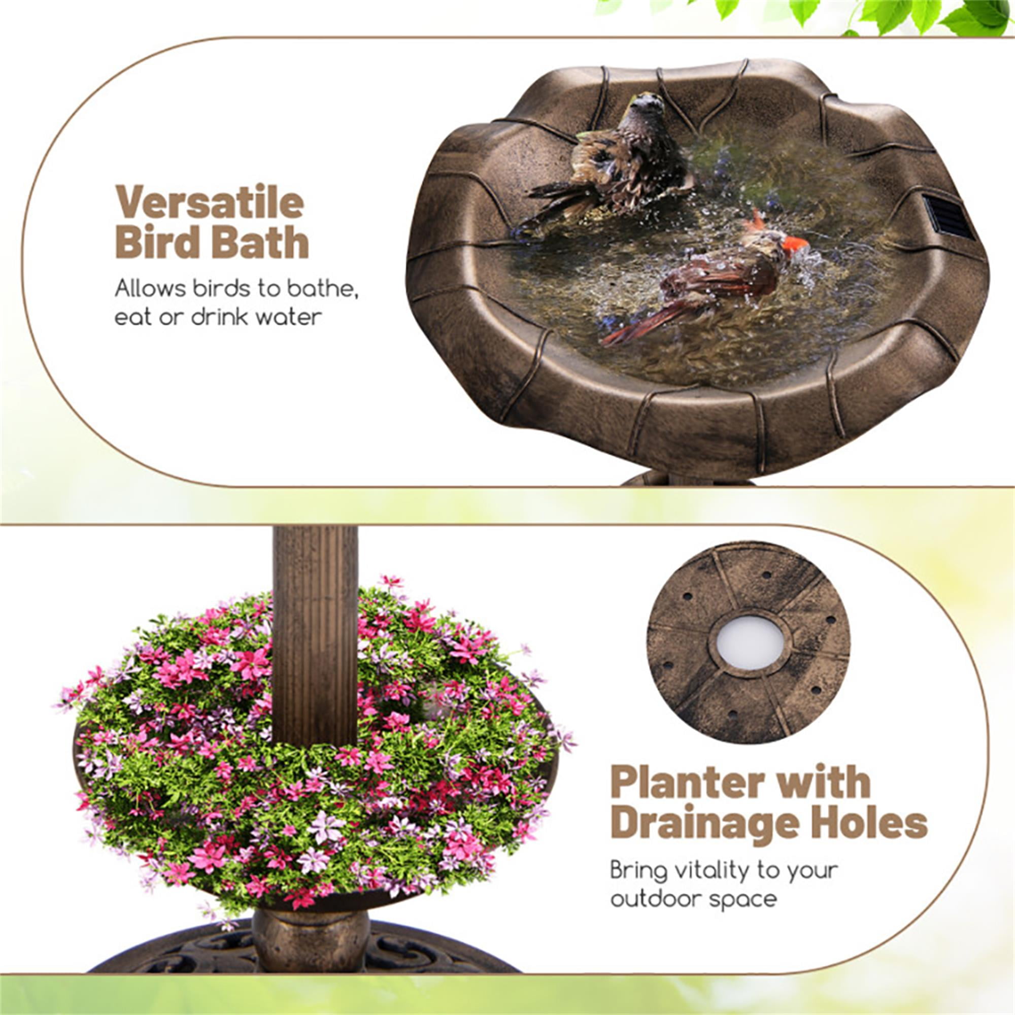 resenkos 30" Outdoor Garden Bird Bath with Solar Light, Weather Resistant Pedestal, Backyard Bird Feeder and Flower Planter, Brown