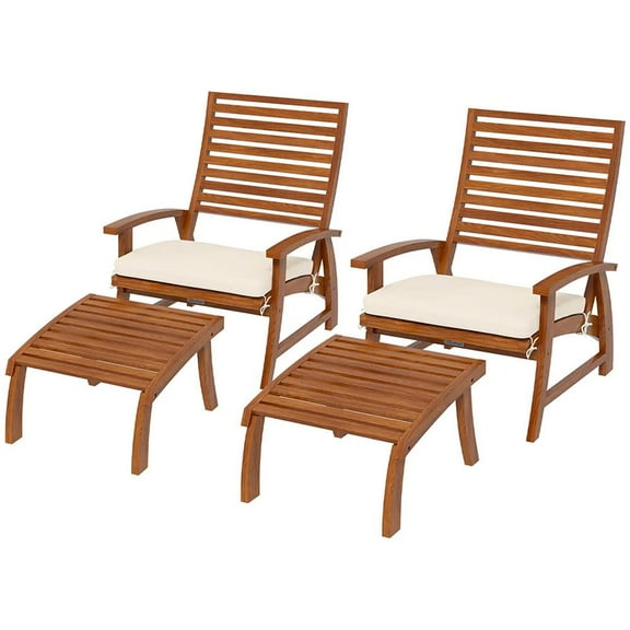 Barara King Patio Relaxation Sets,4 Piece Patio Furniture Set, 2 Chairs with Cushions & Ottomans, Slatted Acacia Wood, Cream White