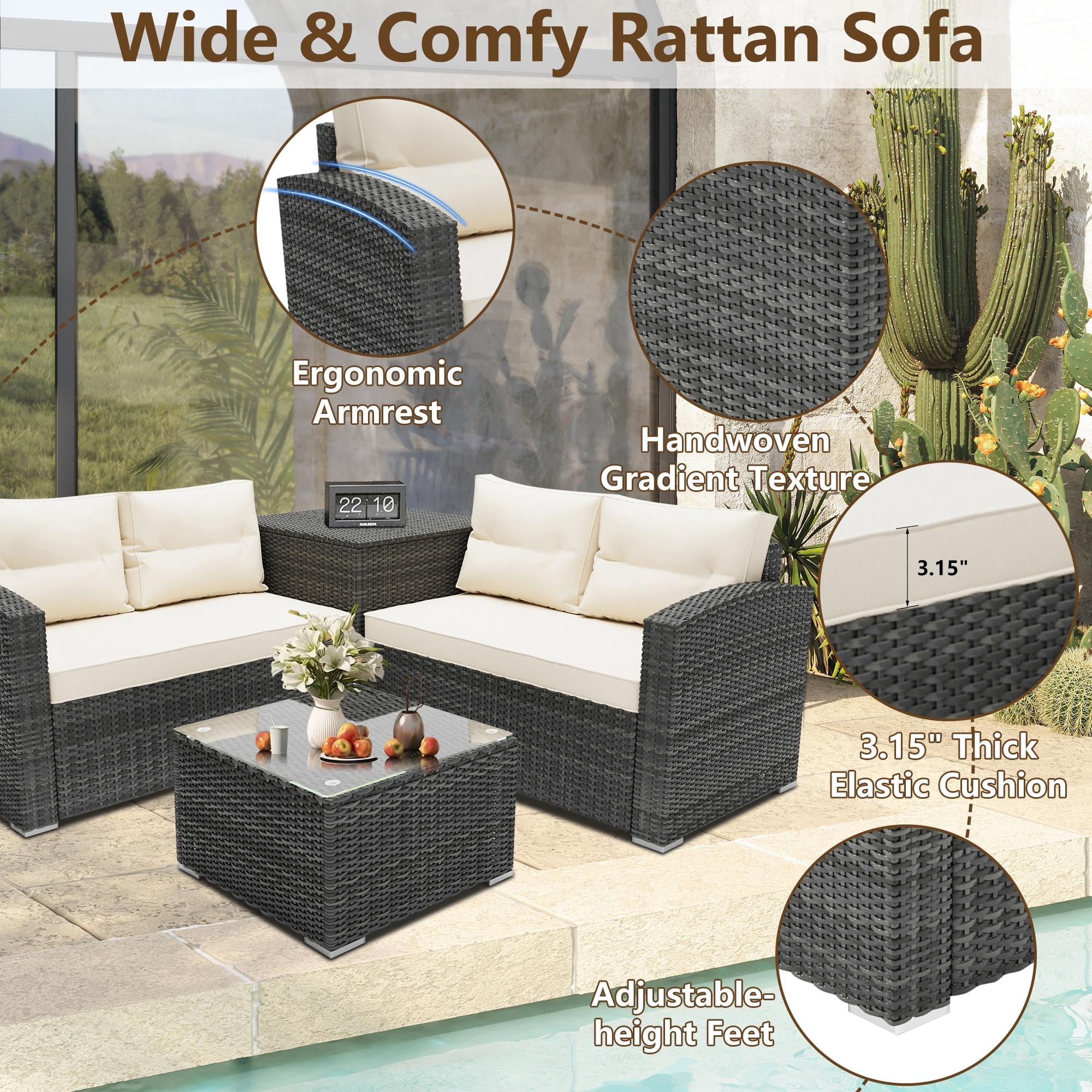 4 Pieces Patio Sofa Furniture Set with Storage Box, Wicker Sectional Sofa Outdoor Furniture Set, Patio Conversation Sets for Backyard Porch Garden Balcony, Beige
