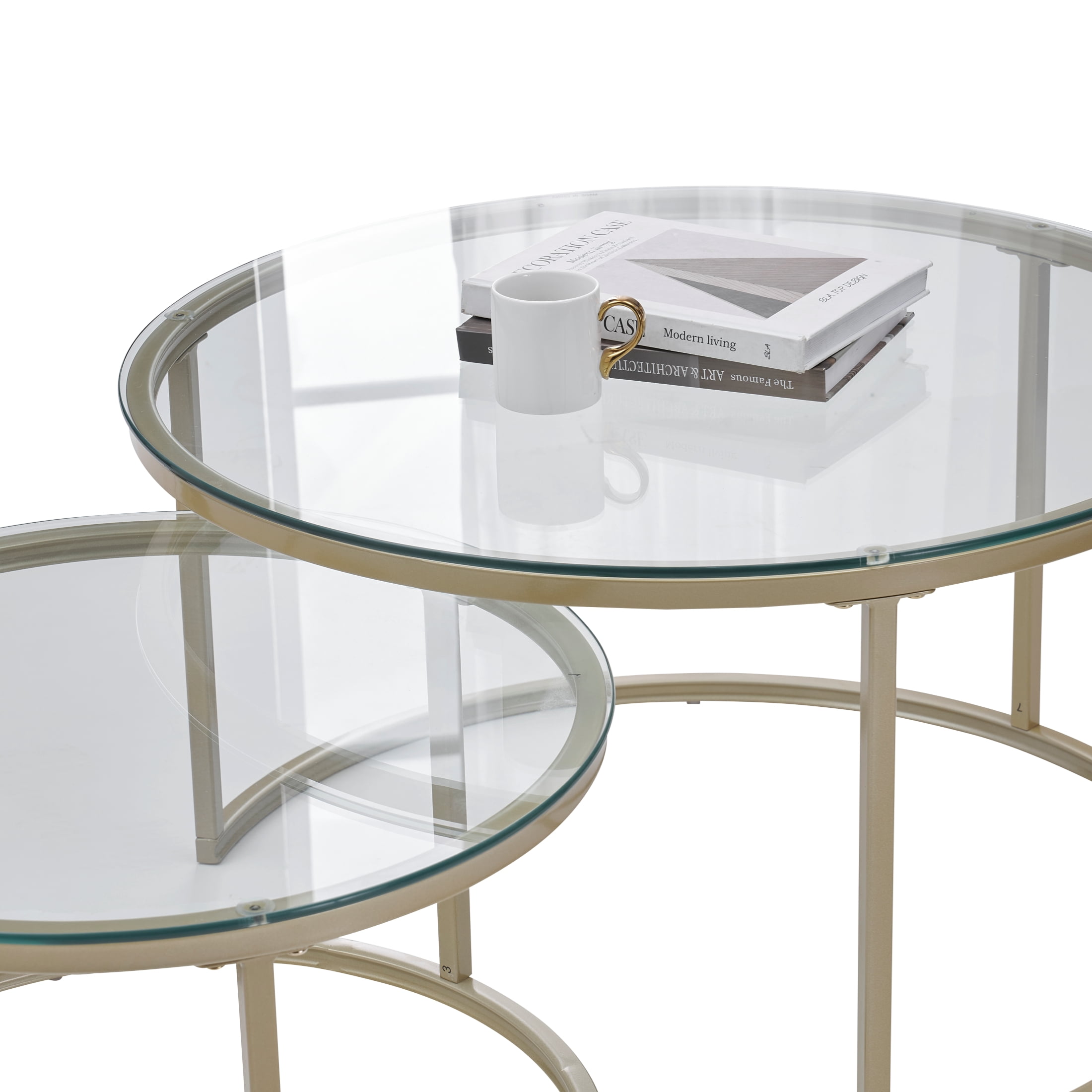 Modern Round Nesting Coffee Table Set with 31.5 inch Tempering Glass Top and Golden Metal Legs Stacking Side Tea Table for Living Room