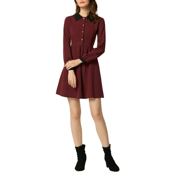Unique Bargains Women's Peter Pan Collar Contrast Half Placket Swing Short Dress L Burgundy