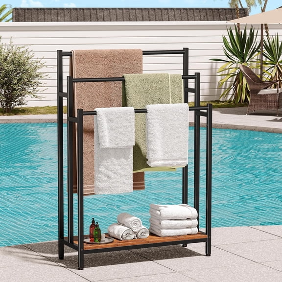 46" Extra Large Freestanding Towel Rack Stand for Bathroom, 3 Tier Blanket Ladder Holder, Outdoor Bath Towel Drying Rack with Shelf, Next to Tub or Shower, Quilt Rack